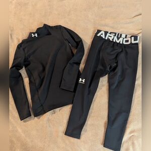 UA Under Armour Fitted  Mock Neck Shirt & Pants Set Youth Boys M Cold Gear Black